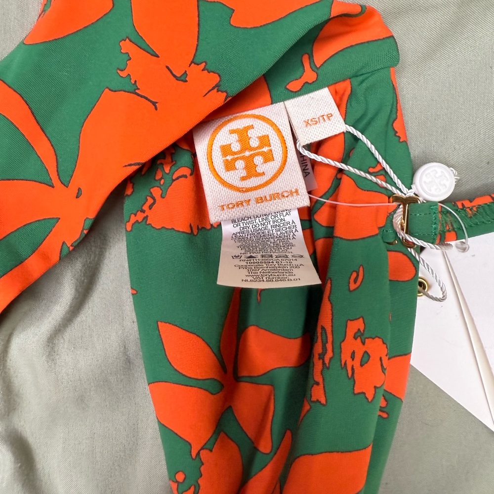 Tory Burch Green & Orange Floral Bandeau Swim Top with Removable Strap - Picture 4 of 4